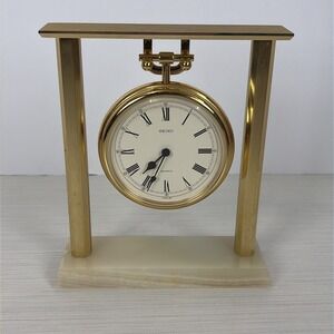 Vintage Seiko QZ 121 G Quartz Desk Clock Brass and Marble Stand Made in Japan